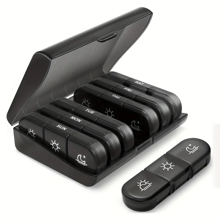 Органайзер за лекарства Седмичен, 3 отделения на ден, Кутия за хапчета, Черен, VITALICS®