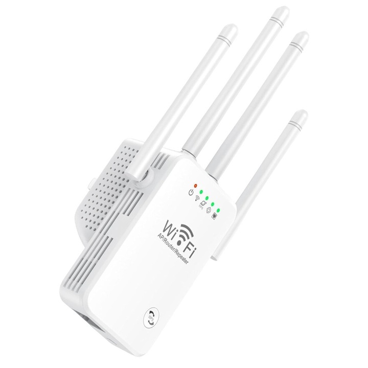 Усилвател на безжичен сигнал с 4 антени, MIMO технология, 2,4 GHz мрежа и 300 Mbps трансфер за стабилна и разширена връзка, бял