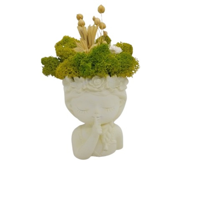 Aranjament in vaza bust fetita ganditoare, decorat cu licheni si flori nemuritoare, in cutie, model 01