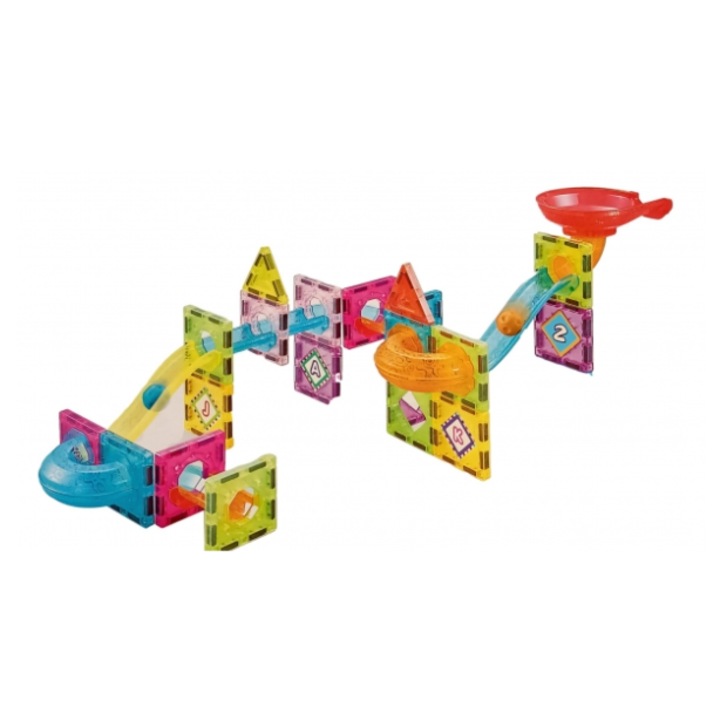 Set Inteligent de constructie cu magnet, 61 piese, Jucarie creativa si educationala, Topogan cu Bile, Multicolor, VisionXXI