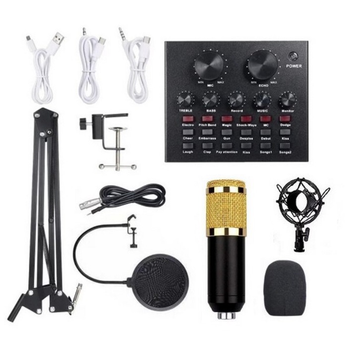 Set profesional cu Mixer Audio si Microfon Mictimeem compatibil cu Android si iOS pentru podcast, inregistrare, live, tiktok, negru-auriu