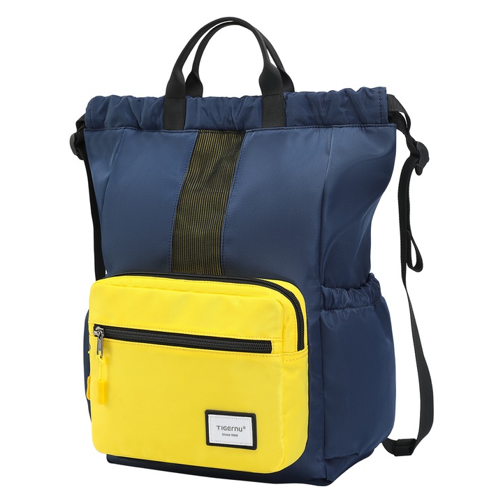 Rucsac 14" sport casual tip sac, pliabil, impermeabil, Tigernu, 30x15x39 cm, Albastru/Galben