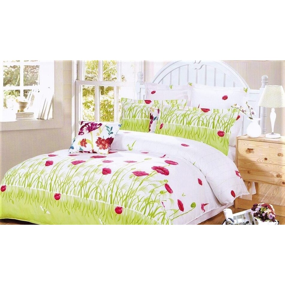 Lenjerie de pat, pentru 2 persoane, 4 piese, alb/verde, model AX176