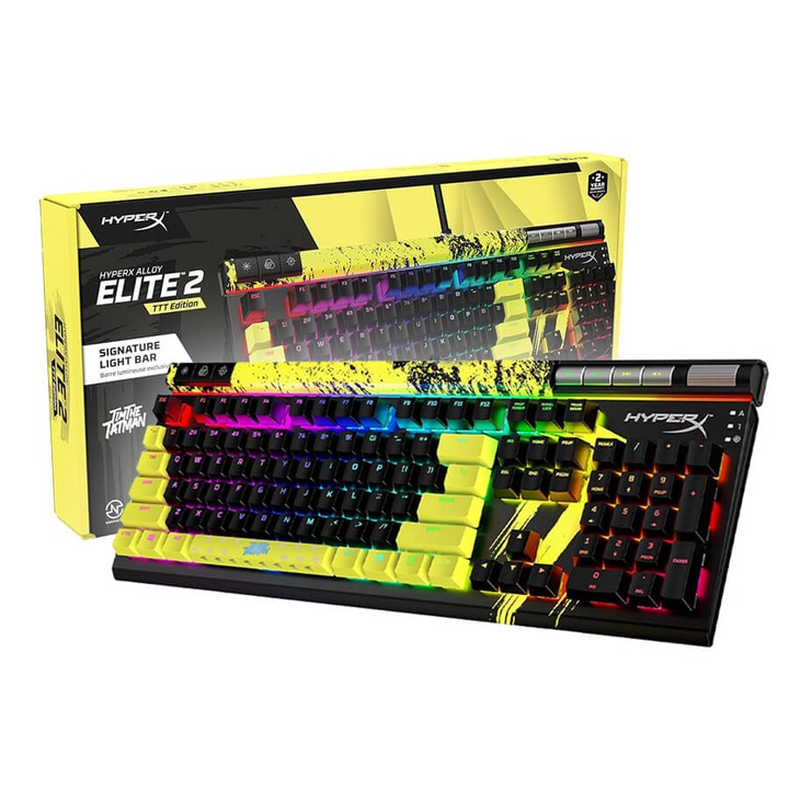Tastatura mecanica de gaming, HyperX, Alloy Elite 2 TimTheTatman Edition, iluminare RGB, switch-uri pudding semi-transparente, layout US International, taste numerice si programabile, controale multimedia, picioare reglabile, cadru din otel, neagra