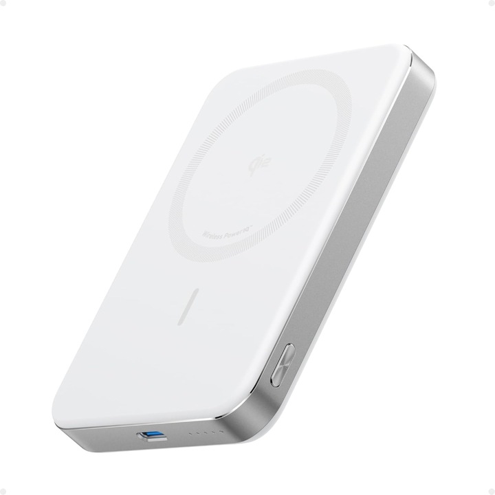 Външна магнитна батерия Anker MagGo, 10 000 mAh, 15W, MagSafe, 1x USB-C, Ultra-Slim, за iPhone 16/15/14/13/12, Бяла