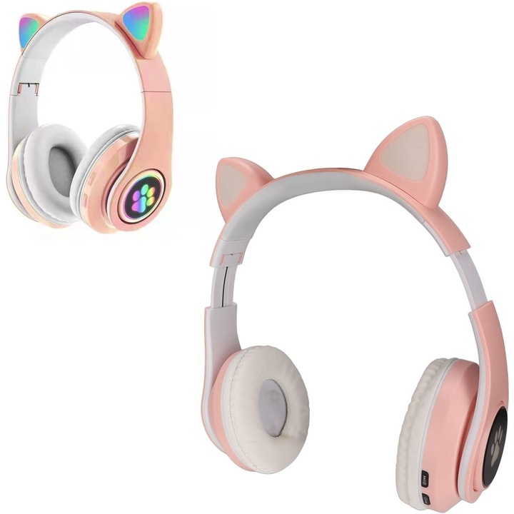 Vezeték nélküli fejhallgató Digital One SP00974, STN-28, (rózsaszín), Bluetooth, Cat, Bluetooth, rózsaszín, mikrofonnal, világító