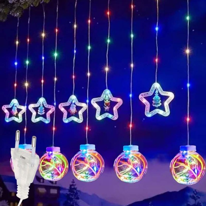 Instalatie De Craciun SIKS, Tip Perdea De Lumini, 5 Globuri Luminoase Si 5 Stelute Cu Led, Cu Diferite Figurine Pentru Craciun, 8 Moduri De Iluminare, 3 M, Interconectabila, Alimentare Prin Priza, Multicolor