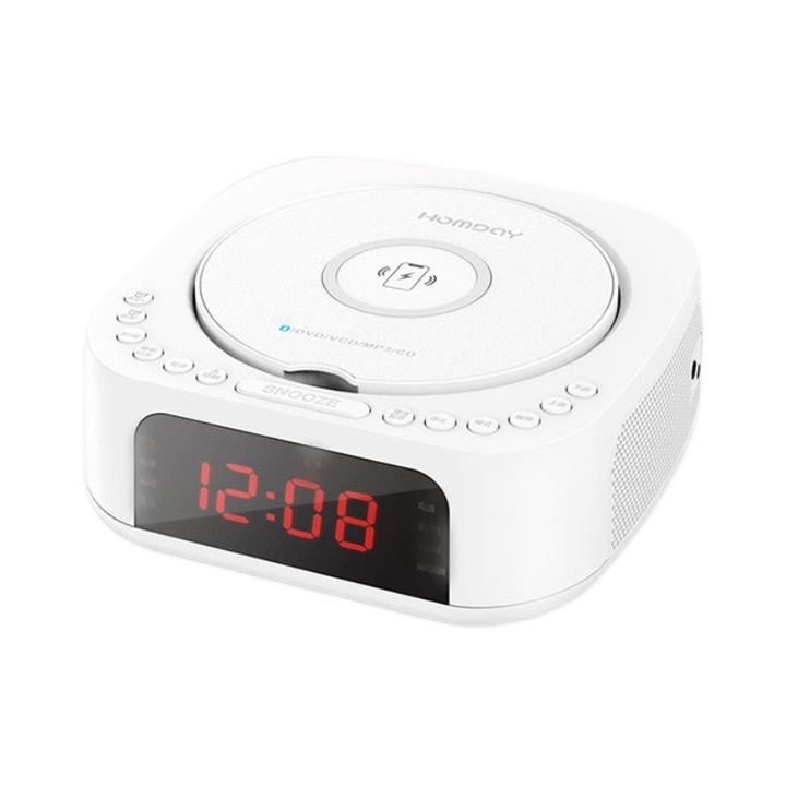 DVD плейър, FM радио, настройка на будилник, USB порт, функция за заспиване, Bluetooth, бял, може да зарежда мобилен телефон
