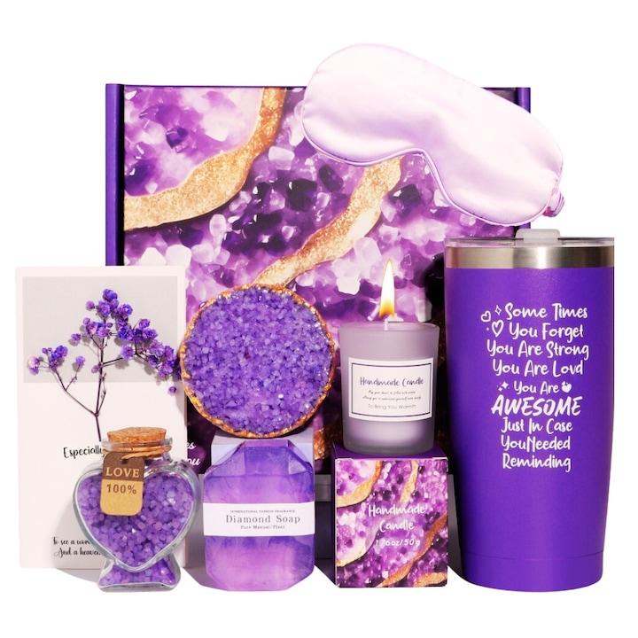 Подаръчен комплект Alovium lavender spa, за дами, коледен подарък, термо чаша, сол за вана, ароматна свещ, диамантен сапун