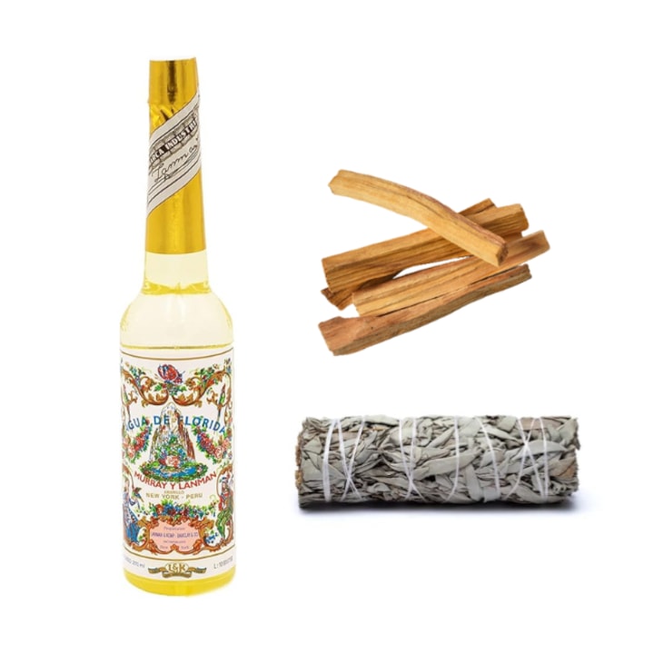 Energetikai tisztító készlet, Agua de Floridával, palo santo-val és fehér zsályával, 10 cm