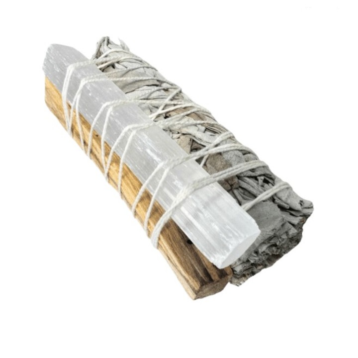 Energiatisztító készlet fehér zsályával, palo santoval és szelenit pálcával, 10cm