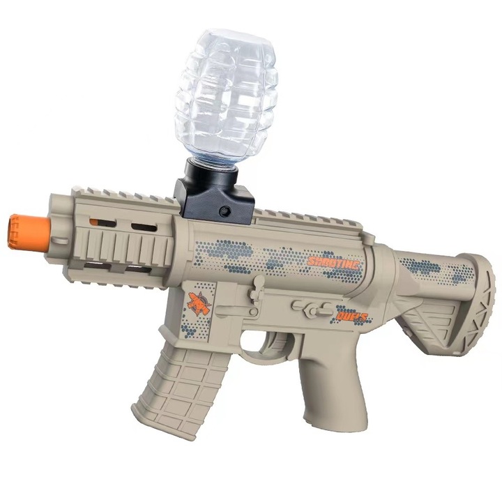 Картечница играчка с водородни гел топки Flippy, електрическа, пистолет, залпова стрелба, възраст 6+, предпазни очила, 5000 топки в комплекта, кабел за зареждане, 27x31,5 см, Mp9, кремава