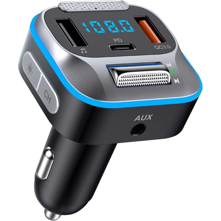 RorAem 5.0 Bluetooth FM adó, zenelejátszás, kihangosító hívások, gyorstöltés 30W, 12V-24V