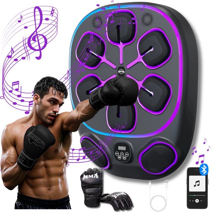 Ütőcél Box, Danesso®, Beépített kettős hangszóró, Bluetooth kapcsolat, Ütések nyomon követésére szolgáló kijelző, Többszínű LED világítás az ütőfelület körül, 8 ütőzóna, Falra szerelhető, Kesztyűk tartozék, Gyerekek és felnőttek számára, Fekete