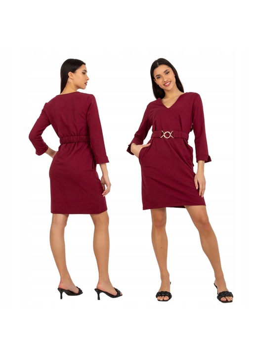 Rochie dama, Och Bella, minimalista, cu curea, rosie, bumbac/elastan, visiniu, S INTL