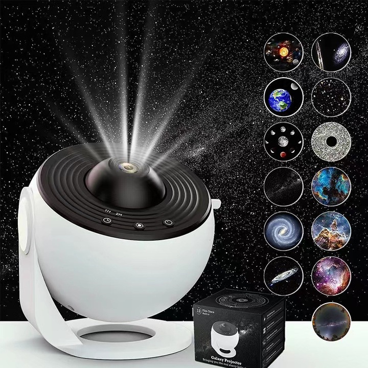 Proiector planetariu, RorAem, Proiector Galaxii si Cer Instelat, lumina de noapte pentru copii, proiectie 3M, design prietenos cu copiii, Redare Muzica prin Bluetooth, 13 discuri de proiectie cu sistemul solar, pamant, luna si galaxii, rotativ 360° negru
