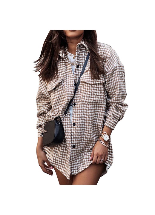 Női hosszú ing, poliészter, kockás, gombos, barna/fehér