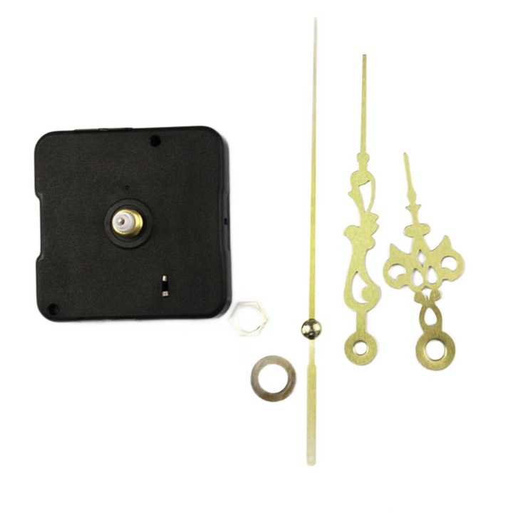 Mecanism ceas perete ax 16 mm fara agatatoare, cu repere retro, aurii, orar 5cm, minutar 7cm, mers silentios