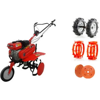 Motosapa pe benzina Ruris Zimbru 6559s, putere 7 CP, 208 CC, 4 timpi, 2 + 1 viteze, latime lucru 560 - 830 mm, adancime lucru 150 - 290 mm, contine: freze + roti cauciuc 4.00-8 + roti metalice 350 fara manicot + set contragreutati 10kg