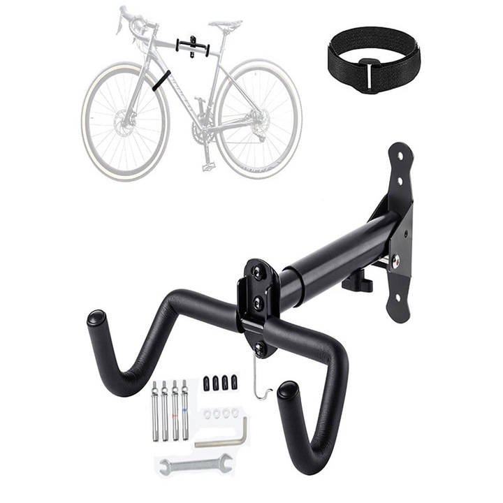 Комплект стенен монтаж за велосипед, изработен от стоманена сплав, товароносимост 25 кг, регулируем ъгъл, сгъваем, лесен за инсталиране, добра стабилност, черен