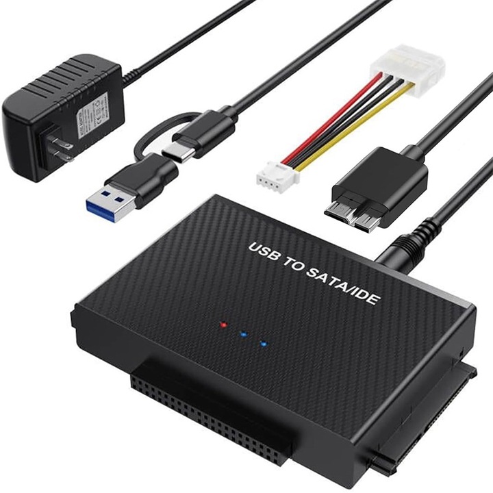 USB 3.0 към SATA IDE четец на твърди дискове, Rqiurpn, поддържа 2,5"/3,5" HDD/SSD, 2-в-1 USB кабел, 12V/2A адаптер, SSD до 16 TB, 5 Gb/S, черен