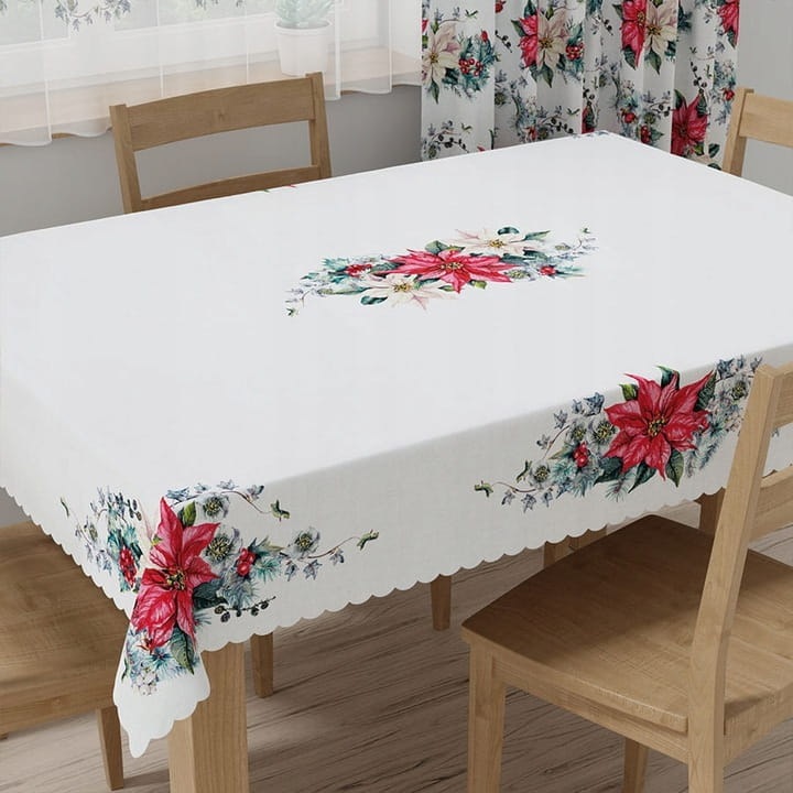 Obrus festiv, Markizeta, 140x220cm, alb cu flori rosii si frunze verzi