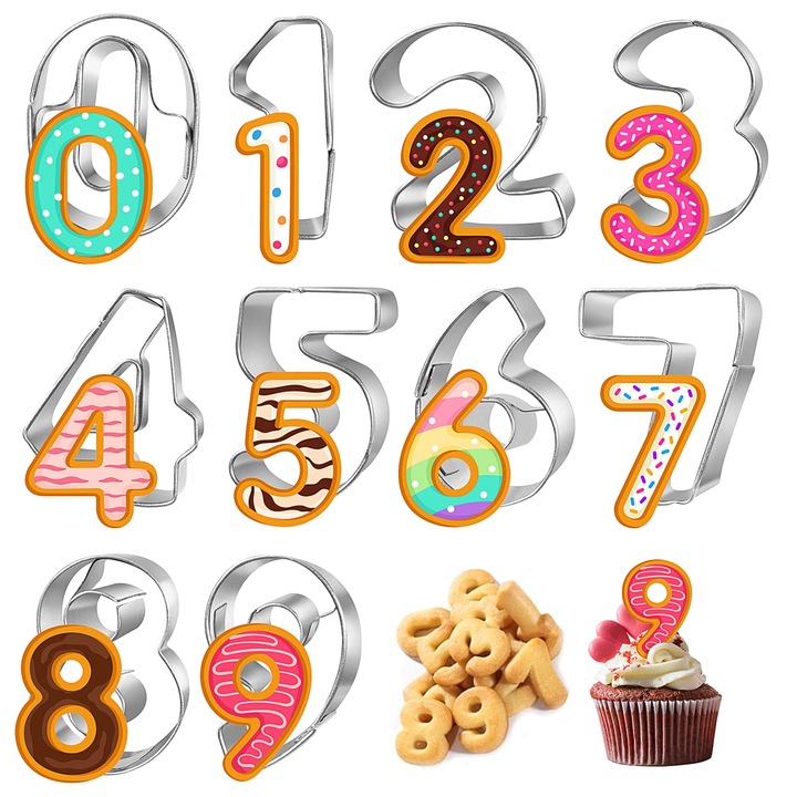 Set forme prajituri, Kufer, cifre, 10 bucati, inox, 2.5x2cm