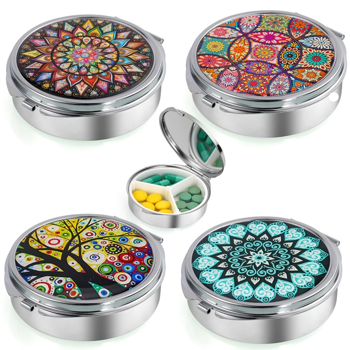 Set 4 cutii rotunde pentru pastile, Bztzhm, 3 compartimente, 6x6x1.8cm, multicolor
