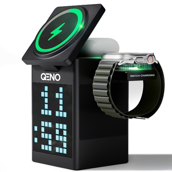 Vezeték nélküli töltő bluetooth hangszóróval, Digitális óra, Okos ébresztő, Lámpa RGB LED környezeti fénnyel, Gyors töltés, Modern és elegáns dizájn, Kompatibilitás: Samsung, iPhone, Huawei, Xiaomi, Fehér