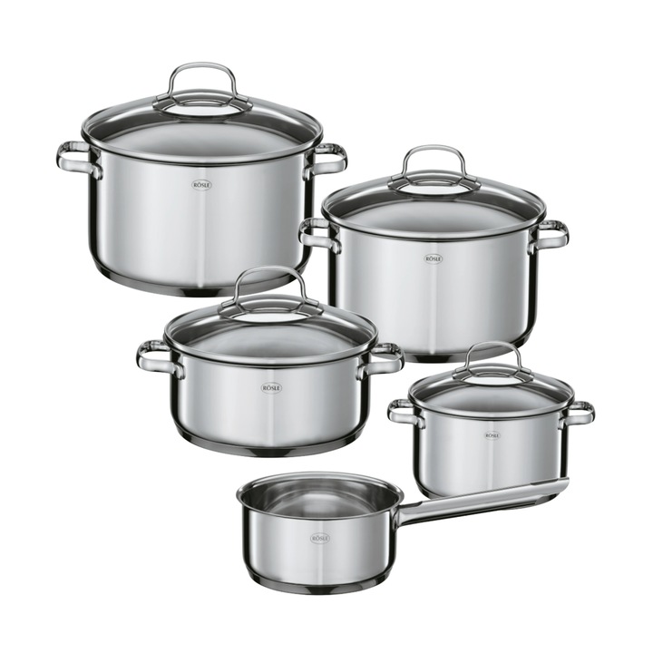 Rösle edénykészlet, Elegance, 5 részes, rozsdamentes acél, tapadásmentes, alumínium köztes réteg, ideális bármilyen ételhez, minden hőforráshoz, könnyen tisztítható, rozsdamentes acél