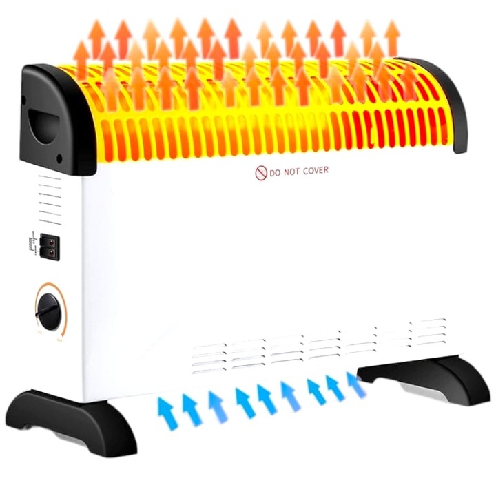 Konvektor, klasszikus elektromos fűtés, 2000 W, 3 teljesítményszint, termosztát, 53 cm x 19,8 cm x 38 cm, fehér, fekete