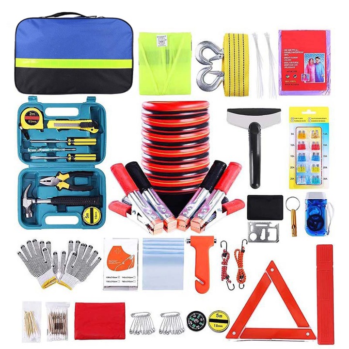 Комплект за пътна помощ WALALLA, 142 части, за кола, кабели за стартиране, комплект инструменти, светлоотразителен триъгълник, колан за теглене, комплект инструменти, предупредителен светлоотразителен триъгълник, червен/многоцветен