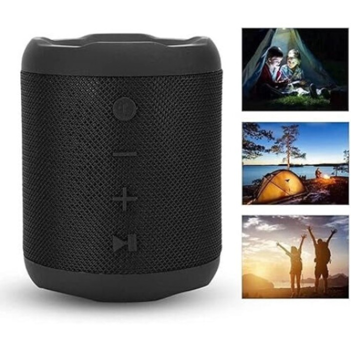 Boxa portabila Welora® 360°, Bluetooth 5.1, Wireless Radio FM, slot card MicroSD, Rezistenta la apa si praf, Factor IPX6, Capacitate acumulator 1200 mAh, Negru