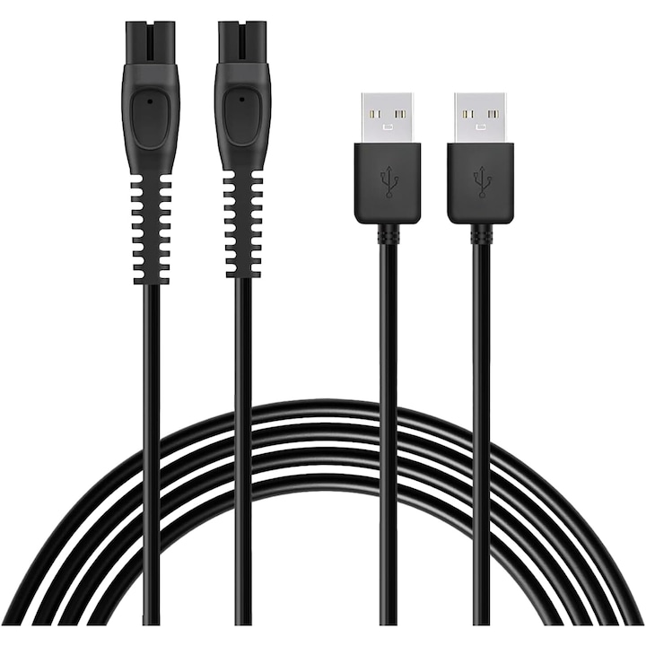 2db töltőkábel készlet 5V, PsAyl, USB, kompatibilis Philips Norelco QP2724 QP2834 QP1324 QP2824 QP4530 QP4631 MG5910 MG7910 MG7930 MG7950 X3001 MG9510 MG9520 X5006, fekete