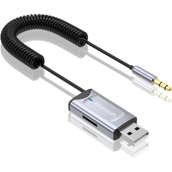 Adaptor Audio, PsAyl®, Wireless Bluetooth 5.0, AUX 3.5mm, card TF/microSD, microfon, car kit