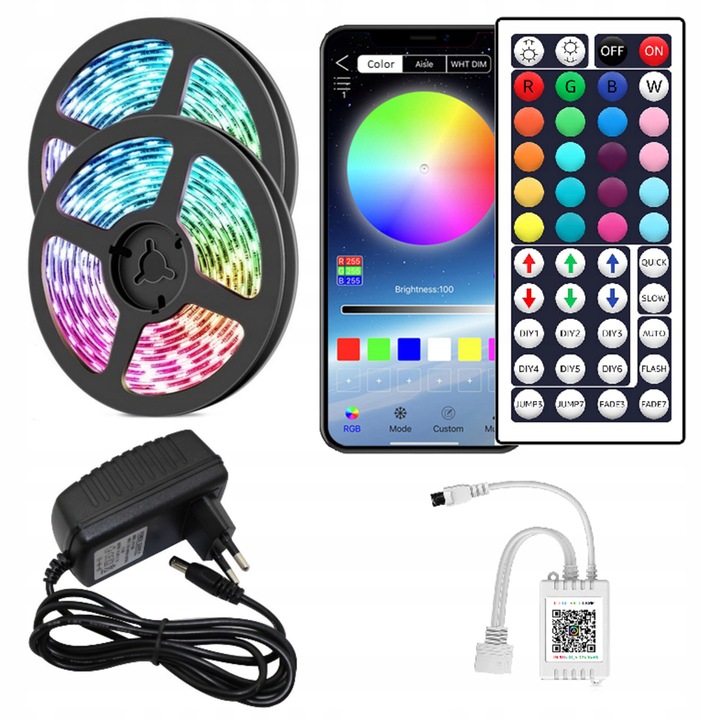 Banda LED 10m RGB 5050, Suntrade, control mobil Bluetooth, 300 LED
