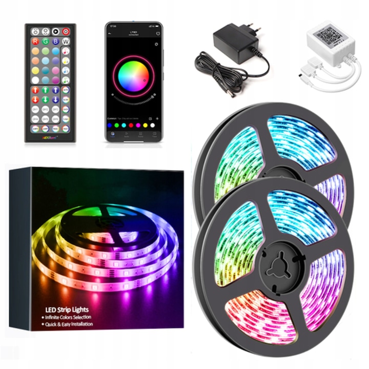 Banda LED, Suntrade, RGB, 12 m, Control Bluetooth, 30 LED/m, Alimentare 12V, Multicolor