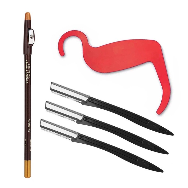 Комплект за грижа за вежди, 3 черни тримера, червена линийка, тъмнокафяв молив за вежди
