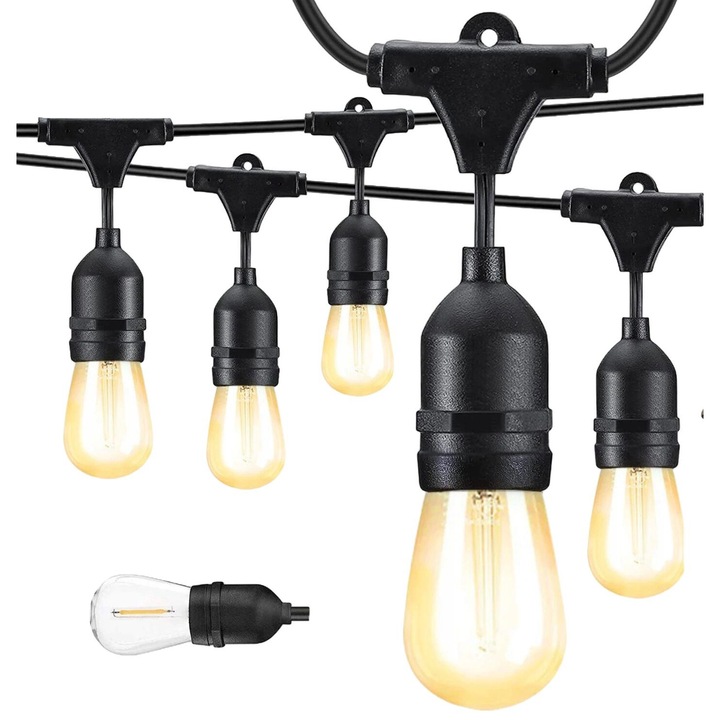 Garland LED izzókkal, Garland, 15m, 15 E27 izzó, hő 2900K, vízálló