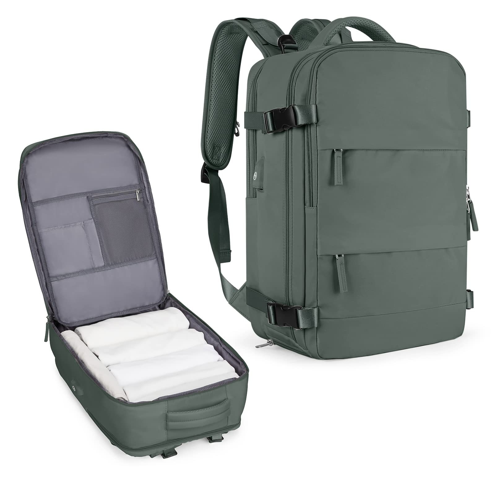 Rucsac de calatorie, rucsac pentru laptop, rucsac, Fudisenn, depozitare multistrat, potrivit pentru laptopuri de 14 inch, impermeabil, cu port de incarcare USB, potrivit pentru naveta in aer liber, verde masliniu