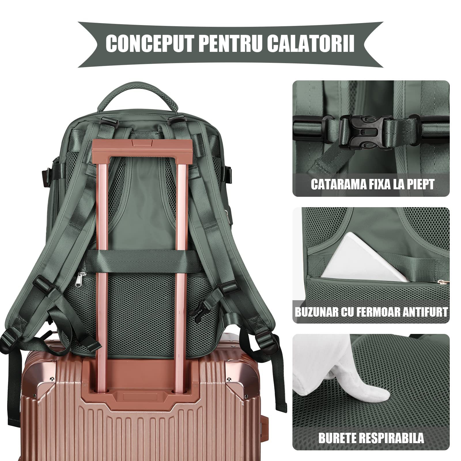 Rucsac de calatorie, rucsac pentru laptop, rucsac, Fudisenn, depozitare multistrat, potrivit pentru laptopuri de 14 inch, impermeabil, cu port de incarcare USB, potrivit pentru naveta in aer liber, verde masliniu