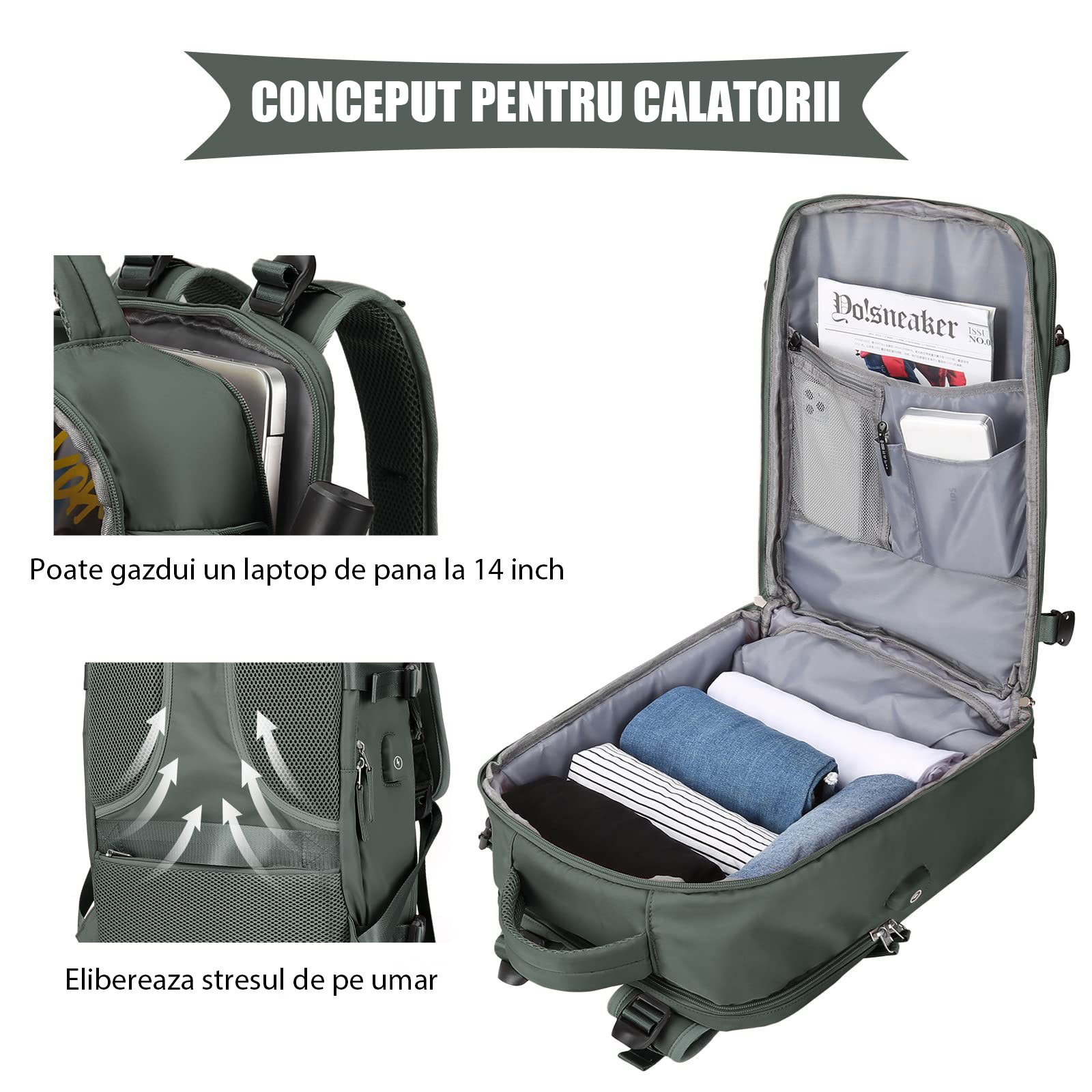 Rucsac de calatorie, rucsac pentru laptop, rucsac, Fudisenn, depozitare multistrat, potrivit pentru laptopuri de 14 inch, impermeabil, cu port de incarcare USB, potrivit pentru naveta in aer liber, verde masliniu