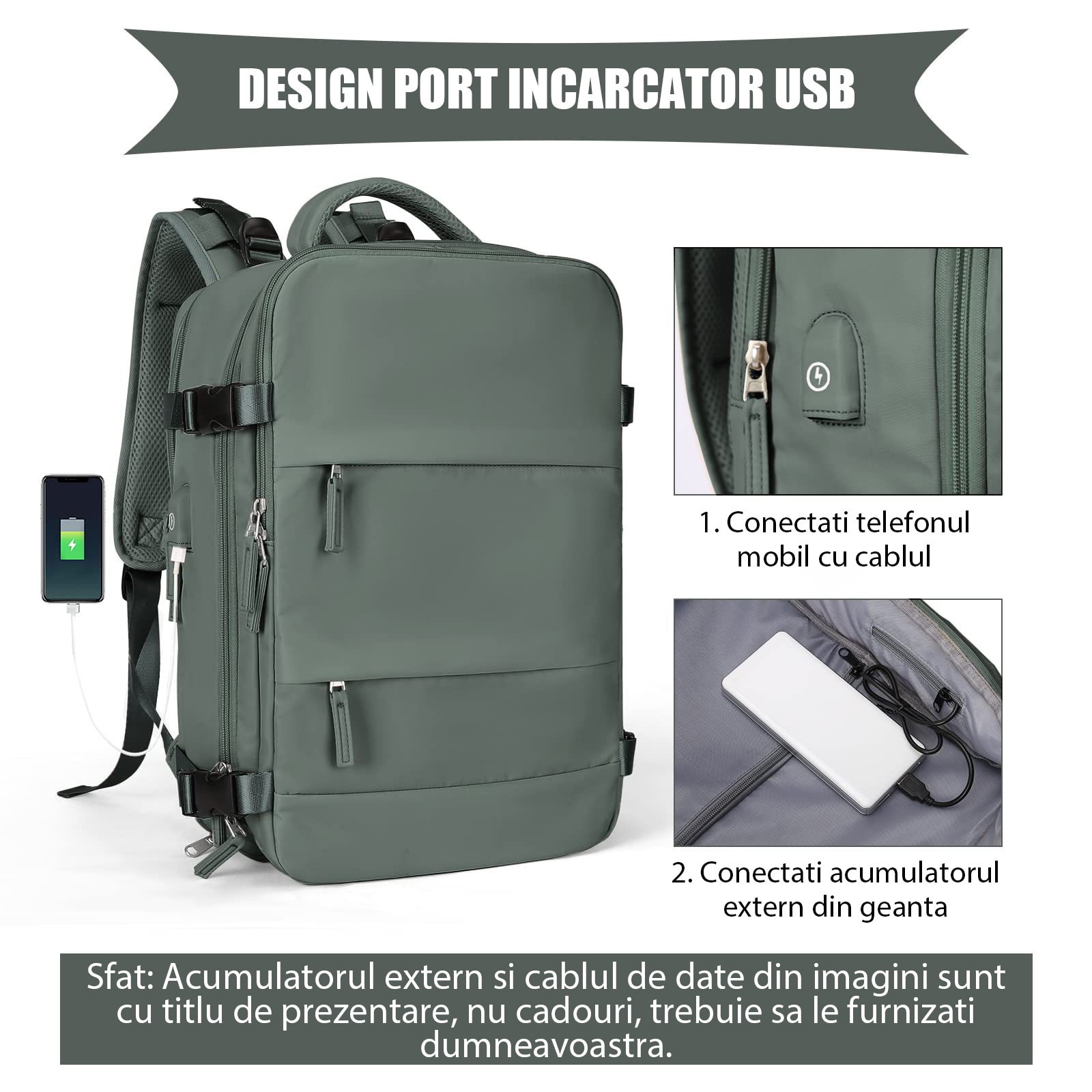 Rucsac de calatorie, rucsac pentru laptop, rucsac, Fudisenn, depozitare multistrat, potrivit pentru laptopuri de 14 inch, impermeabil, cu port de incarcare USB, potrivit pentru naveta in aer liber, verde masliniu