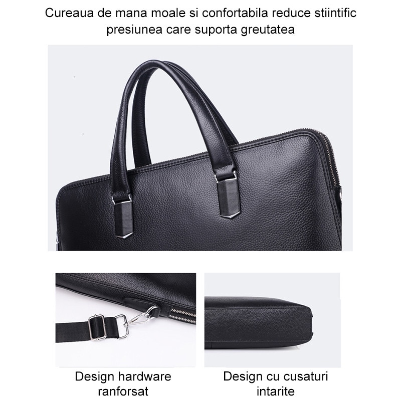 Geanta de laptop din piele naturala, servieta barbateasca, potrivita pentru laptopuri de 14 inch, fabricata de Fudisenn, impermeabila si durabila, capacitate mare, include buzunare mici, buzunar principal si buzunar cu fermoar, 45*40*6 cm, neagra