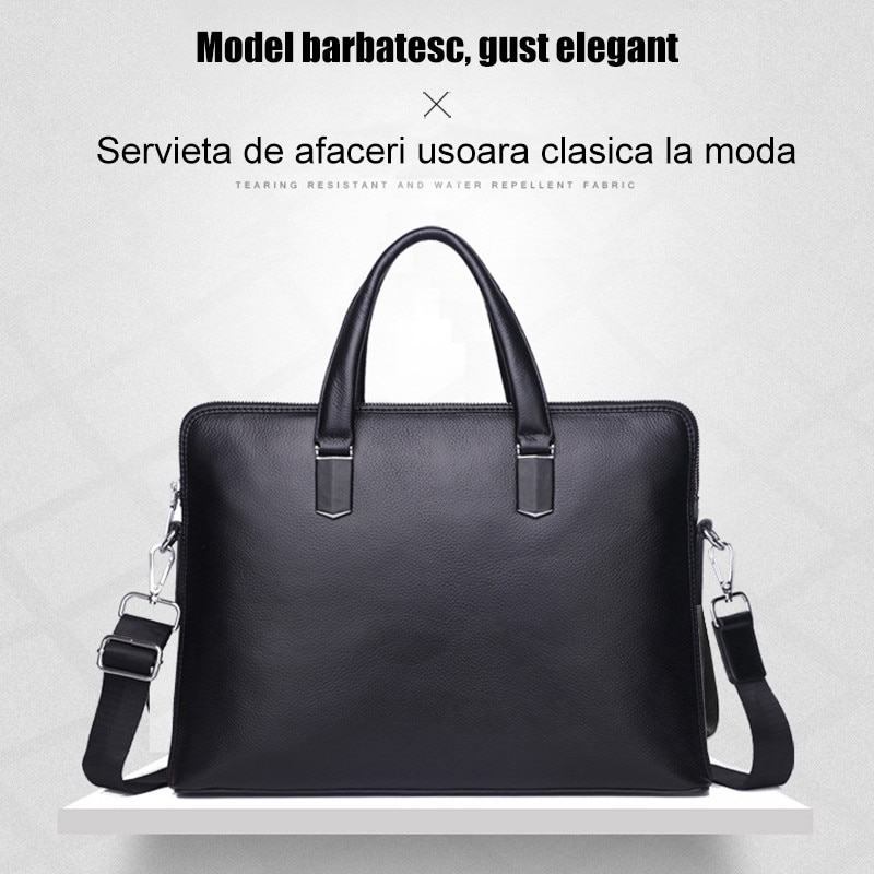 Geanta de laptop din piele naturala, servieta barbateasca, potrivita pentru laptopuri de 14 inch, fabricata de Fudisenn, impermeabila si durabila, capacitate mare, include buzunare mici, buzunar principal si buzunar cu fermoar, 45*40*6 cm, neagra