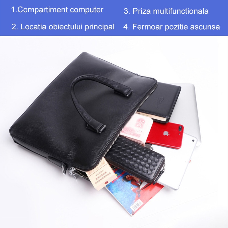Geanta de laptop din piele naturala, servieta barbateasca, potrivita pentru laptopuri de 14 inch, fabricata de Fudisenn, impermeabila si durabila, capacitate mare, include buzunare mici, buzunar principal si buzunar cu fermoar, 45*40*6 cm, neagra