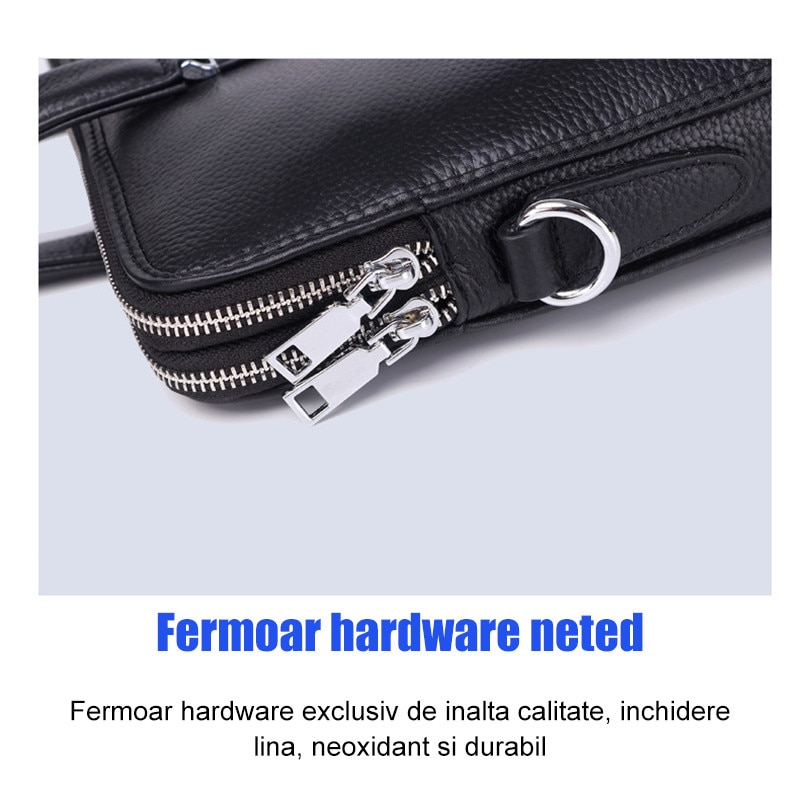 Geanta de laptop din piele naturala, servieta barbateasca, potrivita pentru laptopuri de 14 inch, fabricata de Fudisenn, impermeabila si durabila, capacitate mare, include buzunare mici, buzunar principal si buzunar cu fermoar, 45*40*6 cm, neagra