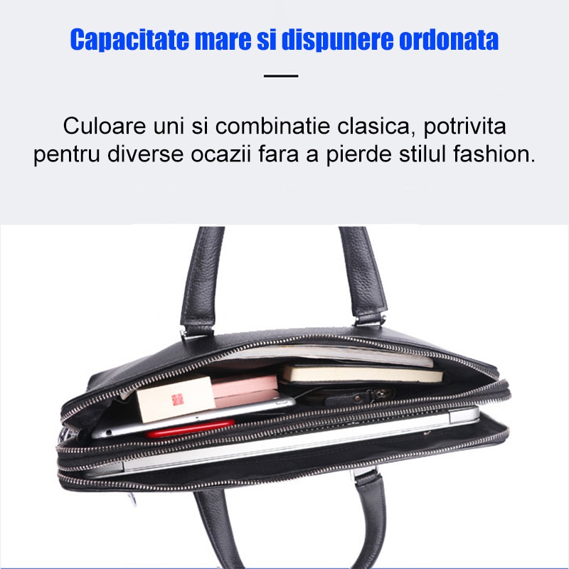 Geanta de laptop din piele naturala, servieta barbateasca, potrivita pentru laptopuri de 14 inch, fabricata de Fudisenn, impermeabila si durabila, capacitate mare, include buzunare mici, buzunar principal si buzunar cu fermoar, 45*40*6 cm, neagra