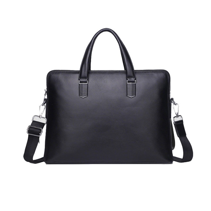 Geanta de laptop din piele naturala, servieta barbateasca, potrivita pentru laptopuri de 14 inch, fabricata de Fudisenn, impermeabila si durabila, capacitate mare, include buzunare mici, buzunar principal si buzunar cu fermoar, 45*40*6 cm, neagra