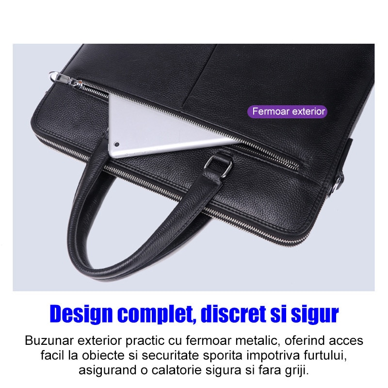 Geanta de laptop din piele naturala, servieta barbateasca, potrivita pentru laptopuri de 14 inch, fabricata de Fudisenn, impermeabila si durabila, capacitate mare, include buzunare mici, buzunar principal si buzunar cu fermoar, 45*40*6 cm, neagra